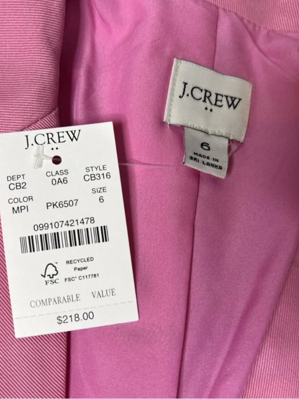 J.CREW Women’s Drapey Twill Blazer Suit Jacket Pink Double Breasted 6 NEW 516